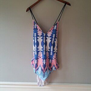 NWT Ekouaer Geometric Print Halter One-Piece‎ Swimming Suit Womens SIZE XL White